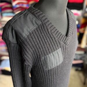 Men's Wool Black Sweater with Shoulder Patch “Wooly Pulley” Made In England